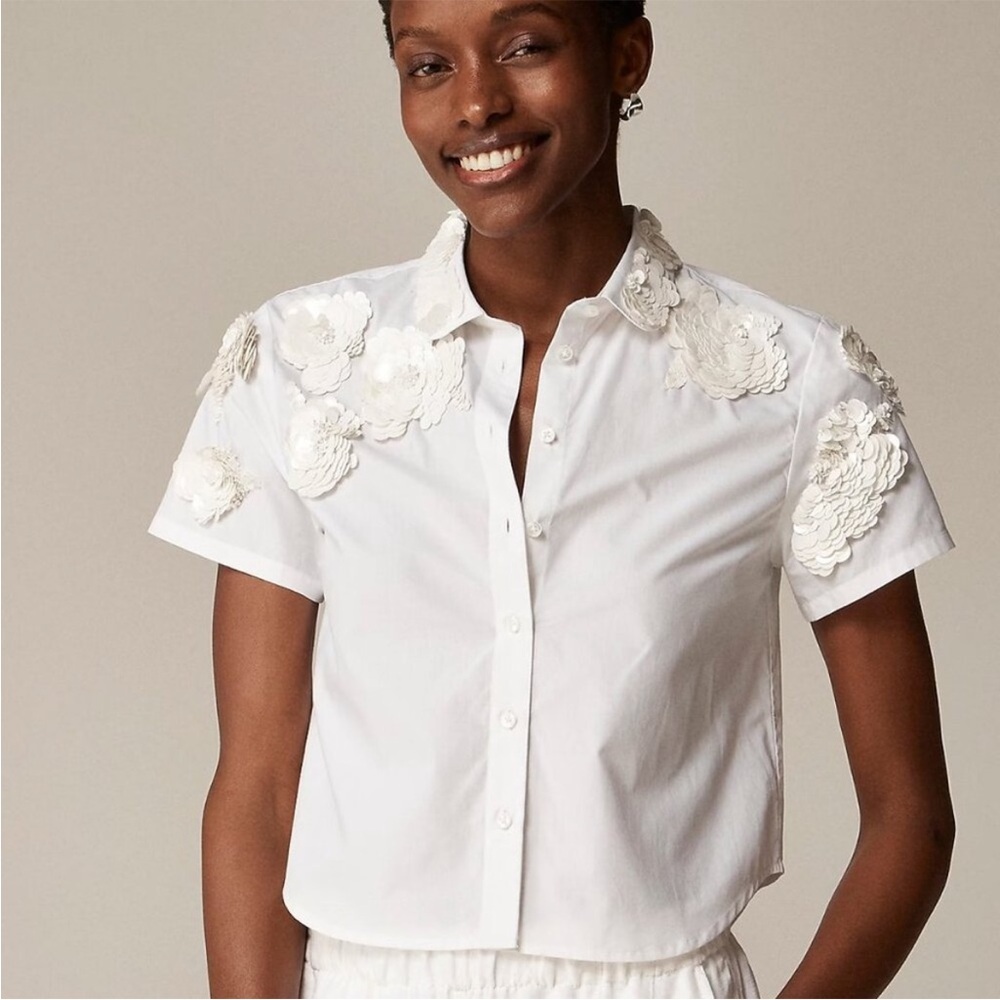 J. Crew Collection Cropped Button Up Shirt Floral Appliques White NWT Size 12